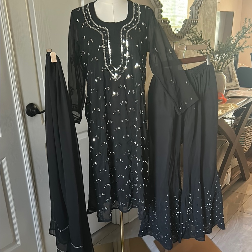 Black Embellished 3 Piece Kurta Set